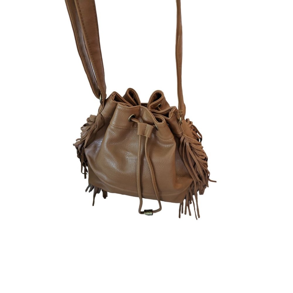 Aeropostale Cognac Brown Faux Leather Bucket Crossbody Fringed Bag - Picture 9 of 12